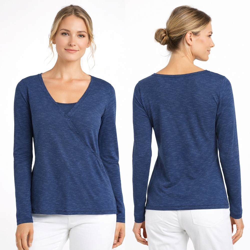 HORNY TOAD Wrap Top Womens Medium Blue Navy Organic Cotton Casual Sustainable